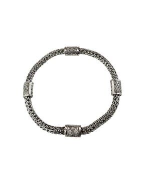John Hardy Sterling 18K Icon Woven Chain Pave Diamond Station Bracelet #26045
